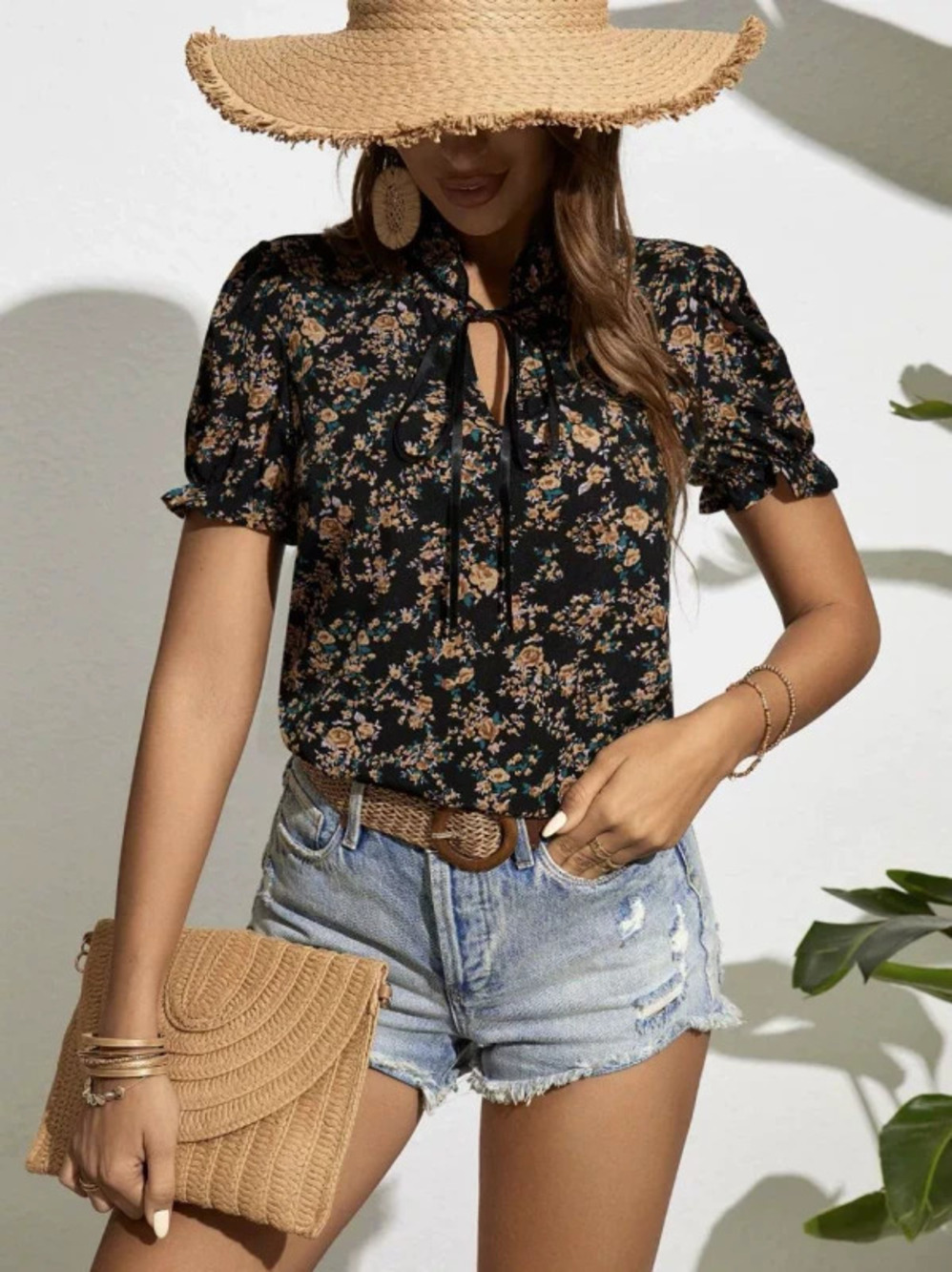 ZARA Chic Printed Collared Short Sleeve Loose Tie Waist Work Blouse